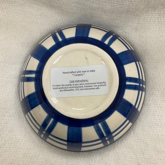 Handcrafted Ceramic Bowl Blue Checked Pattern Made in India - Picture 4 of 7
